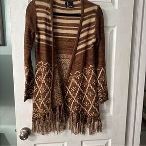 New Directions Brown Beige Aztec Fringe Cardigan Sweater Small